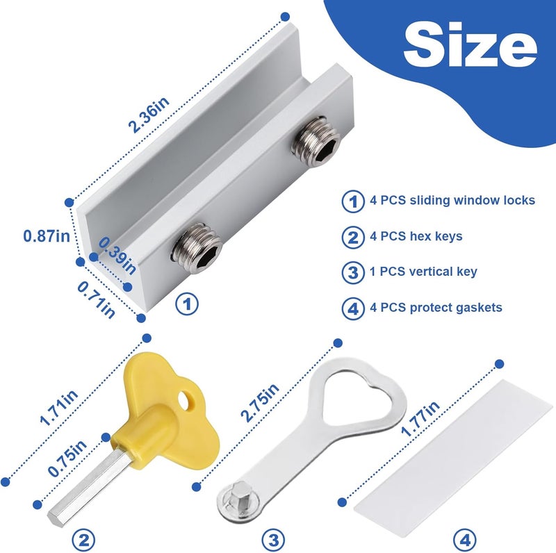 BLHLA 4 Sets Sliding Window Locks for Up and Down Windows with Key, Child Window Security Locks for Vertical & Horizontal Sliding Windows & Doors, Adjustable Easy to Install Window Stoppers Security - Image 2